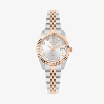 Relógio Technos Riviera Feminino Bicolor Prateado e Rose Minimalista Visor Prateado com Cristais e Calendário Caixa Serrilhada Pequeno Maquinário Japonês Aço Inoxidável Á Prova d'água 2015CEU/1K  