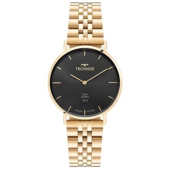 Relógio Technos Slim Dourado Minimalista Vidro Safira Visor Preto Maquinário Japonês Aço Inoxidável Á Prova d'água 2025LUI/1P