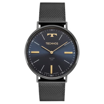 Relógio Technos Slim Grafite Minimalista Vidro Safira Visor Azul Pulseira Milanese Maquinário Japonês Aço Inoxidável Á Prova d'água 2025LUA/1A