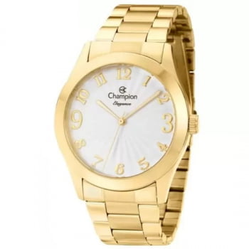 Kit Relógio Champion Elegance Feminino Dourado Visor Branco á Prova D'água CN26564W