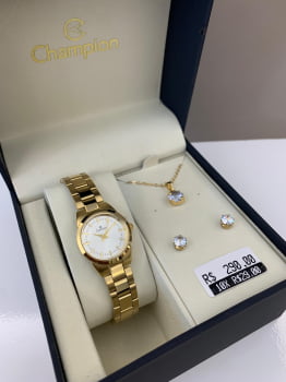 Kit Relógio Champion Feminino Dourado Visor Branco Minimalista Presente á Prova D'água CH24517C