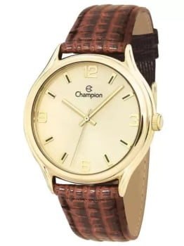 Relógio Champion Dourado com pulseira em couro marrom crocodilo a prova d'água CN20293G