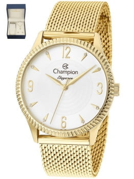 Kit Relógio Champion Feminino Dourado Elegance Milanese CN26073E