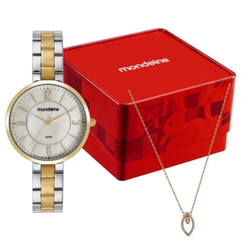 Kit Relógio Mondaine Feminino Bicolor Visor Madrepérola  Á Prova d'água 99881LPMKBE3