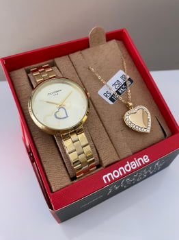 Kit Relógio Mondaine Feminino Dourado Minimalista Visor dourado com Coração Á Prova d'água 32712LPMKDE1
