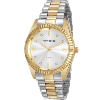 Relógio Mondaine Bicolor Prata e Dourado Feminino com Cristais Á Prova d'água 76768LPMVBE3