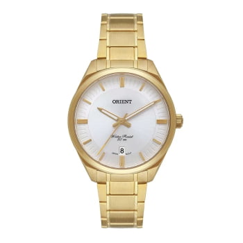Relógio Orient Feminino Dourado Minimalista com Calendário e Visor Prateado Aço Inoxidável Á Prova d'água FGSS1210