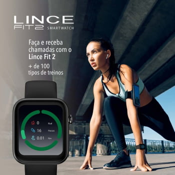 Relógio Smartwatch Lince Fit 2 Preto Esportivo inteligente troca pulseira a prova d'água LSWUQPM002 