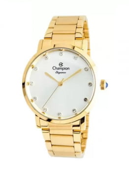 Kit Relógio Champion Elegance Feminino Dourado á Prova D'água c/pedras CN24435W