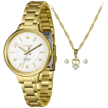 Kit Relógio Lince Feminino Dourado Visor Prata com Coração Á Prova d'água LRGH207L38