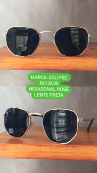 Óculos de Sol Eclipse Feminino Rose Hexagonal Metal Lente Preta UV400 