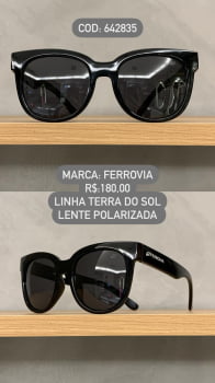 Óculos de Sol Ferrovia Feminino Preto Esmaltado Quadrado Lente Preta Polarizado Acetato Linha Terra do Sol  642835