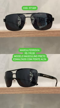 Óculos de Sol Ferrovia Masculino Preto Esmaltado Quadrado com Ponte Alta Lente Preta Metal 571009