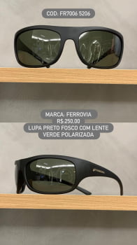 Óculos de Sol Ferrovia Masculino Preto Fosco Lupa Esportivo Flexível Lente Verde Polarizado em Acetato FR7006 5206