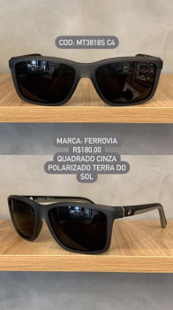 Óculos de Sol Ferrovia Masculino Cinza Fosco Quadrado com Lente Preta Terra do Sol Polarizado em Acetato MT3818S C4