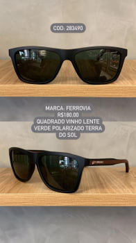 Óculos de Sol Ferrovia Masculino Preto com Vermelho Quadrado Lente Verde Polarizado em Acetato 283490