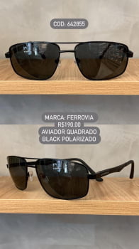 Óculos de Sol Ferrovia Masculino Aviador Quadrado Preto com Lente Preta Polarizado em Metal 642855