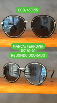 Óculos de Sol Ferrovia Feminino Redondo Preto Com Dourado Com Lente Preta 453055