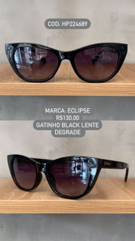 Óculos de Sol Eclipse Feminino Preto Esmaltado Style Gatinho com Lente Marrom Degrade Acetato HP224689 C2
