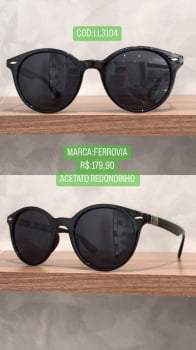 Óculos de Sol Ferrovia Unissex Redondo Acetato Preto esmaltado com Lente Preta LL3104