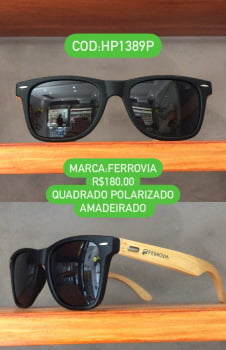 Óculos de Sol Masculino Polarizado Quadrado Amadeirado com Lente Preta Acetato Ferrovia HP1389P
