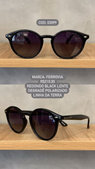 Óculos de Sol Ferrovia Preto Esmaltado Redondo com Lente Degrade Linha da Terra Feito a Mâo Polarizado em Acetato 03099