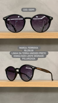 Óculos de Sol Ferrovia Preto Esmaltado Redondo com Lente Degrade Polarizada Linha da Terra Feito a Mão em Acetato 03099