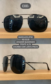 Óculos de Sol Eclipse Chumbo com Lente Preta Aviador Quadrado  Ponte Alta Metal 