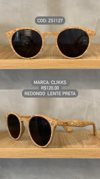 Óculos de Sol Clikks Amadeirado Redondo Lente Preta em Acetato ZS1127