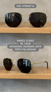 Óculos de Sol Clikks Hexagonal Dourado Clássico com Lente Preta Polarizado em Metal HT0036P C4
