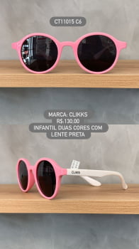 Óculos de Sol Clikks Infantil Feminino Branco e Rosa Redondo Lente Preta  em Acetato CT11015 C6