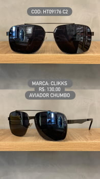 Óculos de Sol Clikks Masculino Chumbo Aviador com Ponte Alta e Lente Preta em Metal HT09176 C2
