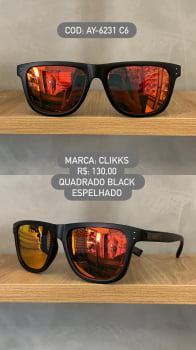 Óculos de Sol Clikks Masculino Preto Fosco Quadrado com Lente Espelhada em Acetato AY-6231 C6