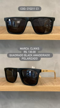 Óculos de Sol Clikks Masculino Quadrado com Lente Preta Polarizada Perna Amadeirada em Acetato CY22115 C1