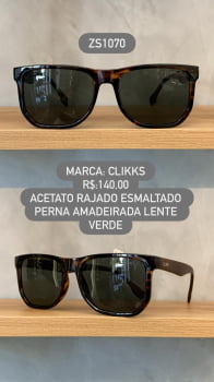 Óculos de Sol Clikks Masculino Rajado Esmaltado Perna Amadeirada com Lente Verde em Acetato ZS1070