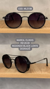 Óculos de Sol Clikks Preto Redondo Alook com Ponte Alta Lente Degrade em Metal ML5108 C7