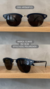 Óculos de Sol Clikks Redondo Azul e Prata com Lente Preta Polarizado em Metal e Acetato HP2563P C3