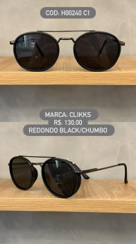 Óculos de Sol Clikks Redondo Preto e Chumbo Lente Preta em Metal e Acetato H00240 C1