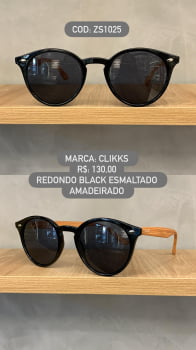 Óculos de Sol Clikks Redondo Preto Esmaltado Perna Amadeirada em Acetato ZS1025