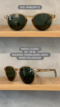 Óculos de Sol Clikks Translucido Redondo Detalhe Cinza na Perna com Lente Verde Polarizado em Acetato HP08430P C3