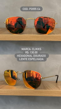 Óculos de Sol Clikks Unissex Dourado Hexagonal Clássico com Lente Espelhada em Metal P2055 C4