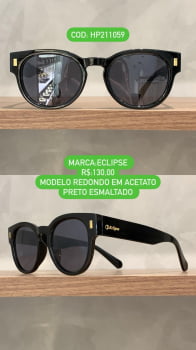 Óculos de Sol Eclipse Feminino Redondo em Acetato Preto Esmaltado HP211059