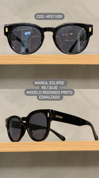 Óculos de Sol Eclipse Feminino Redondo em Acetato Preto Esmaltado HP211059