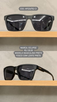 Óculos de Sol Eclipse Masculino Preto Fosco Quadrado Acetato HP236752 C1