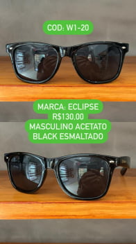 Óculos de Sol Eclipse Masculino Preto Esmaltado Quadrado Acetato W1-20