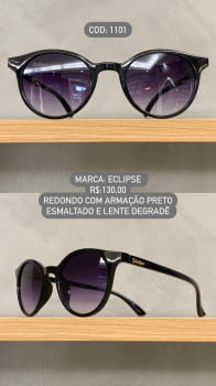 Óculos de Sol Eclipse Unissex Preto Esmaltado Redondo Lente Degrade Acetato 1101