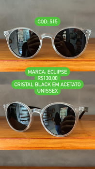 Óculos de Sol Eclipse Translúcido e Preto Esmaltado Redondo Acetato Lente Preta 515