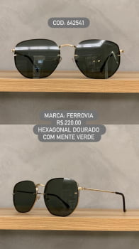 Óculos de Sol Dourado Hexagonal Ferrovia Lente Verde 642541 Óculos de Sol Dourado Hexagonal Ferrovia Lente Verde 642541