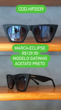 Óculos de Sol Feminino Gatinho Preto Acetato Lente Degradê Eclipse HP2039
