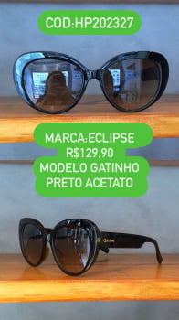 Óculos de Sol Feminino Gatinho Preto Esmaltado Acetato Lente Degrade Eclipse HP202327